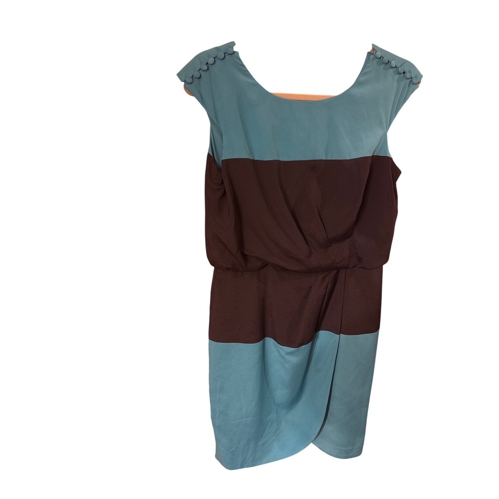 Jessica Simpson Colorblock Sheath‎ Dress Teal Blue Navy Pleated Waist Size 4 - Picture 3 of 7